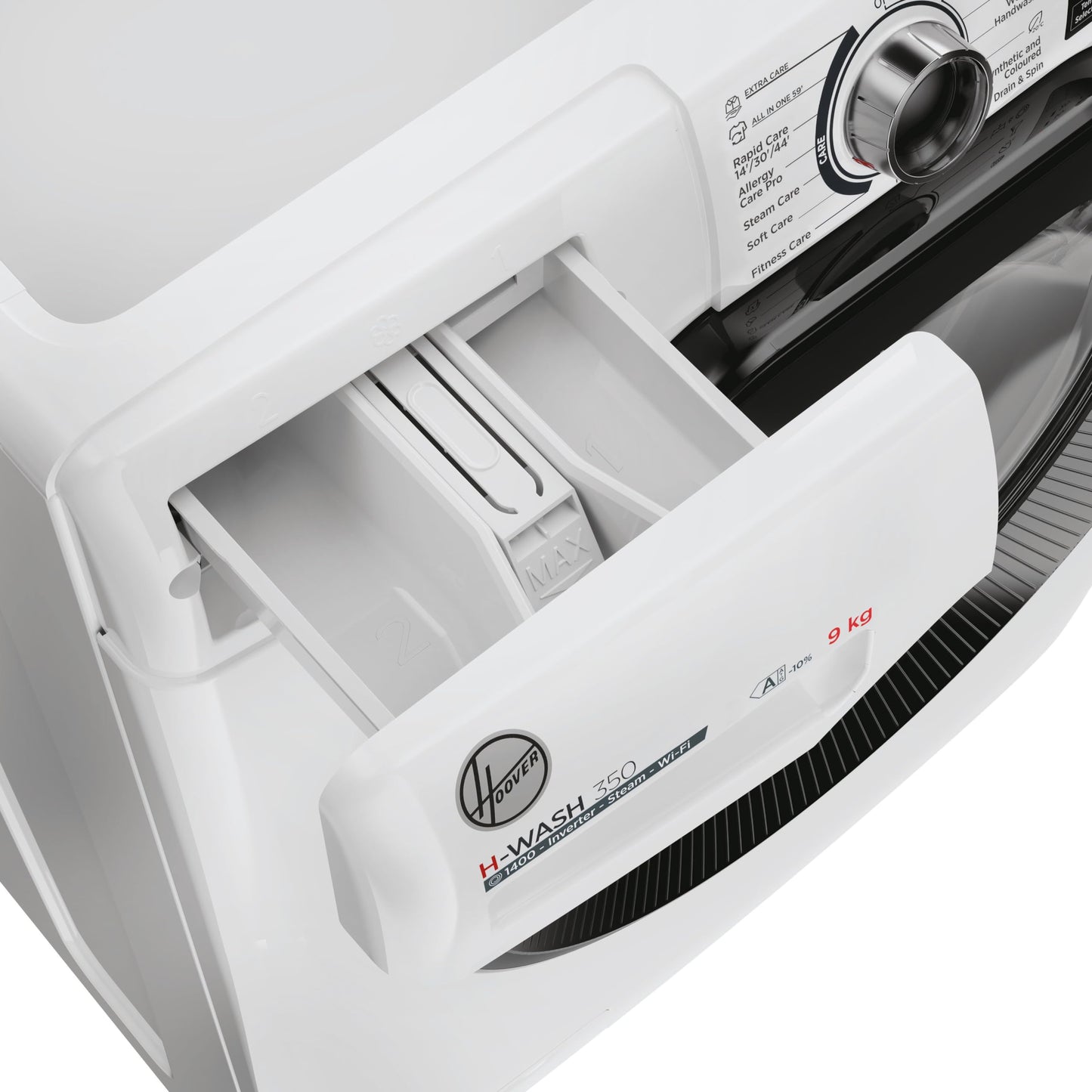 Freestanding Front Load Washing Machine – 9kg, 1400 RPM, 60 Programs, WiFi Connected, Inverter Motor, White/Black Door, Energy Class A